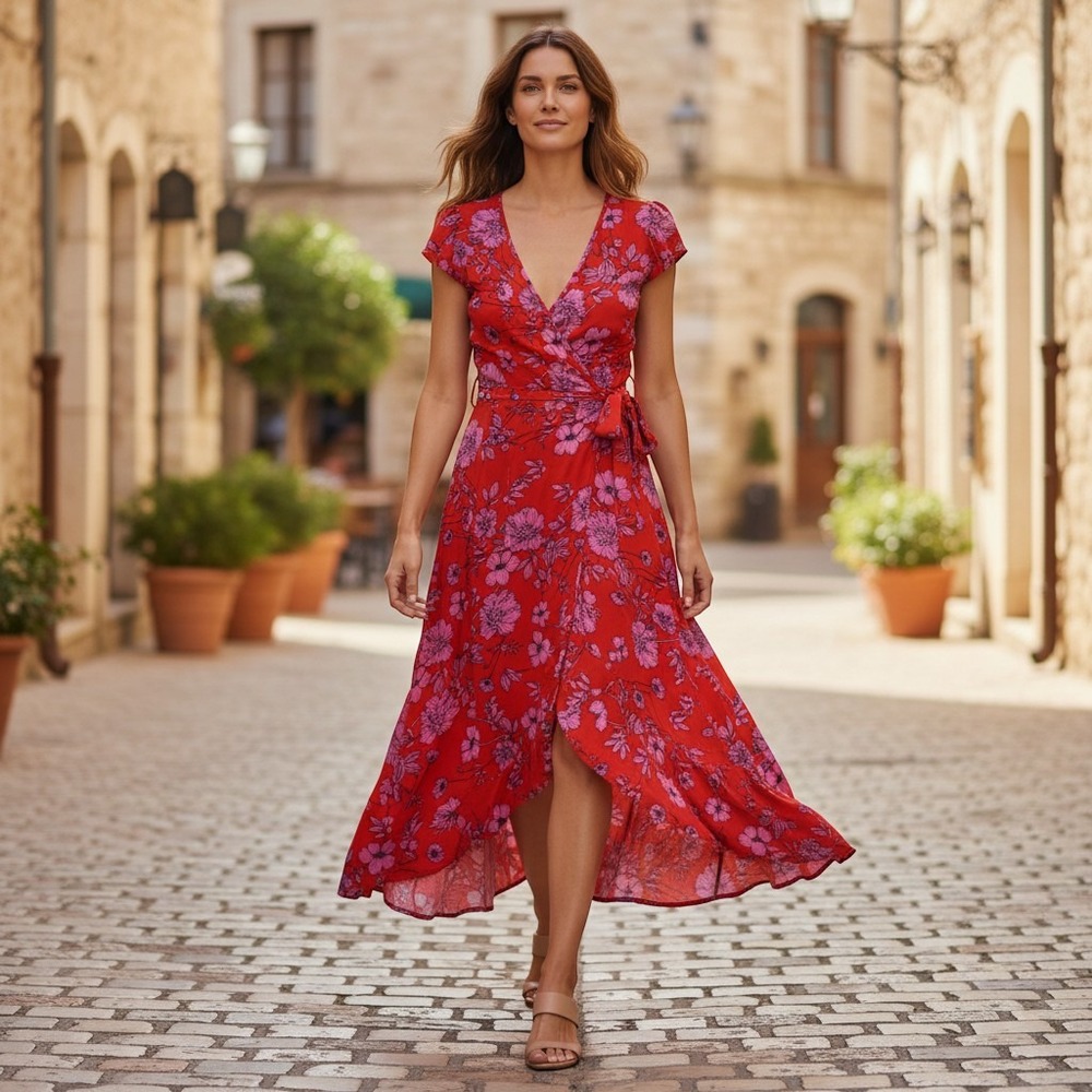 Band of the free Women's Size S Red Floral V-Neck Faux Wrap High-Low Dress